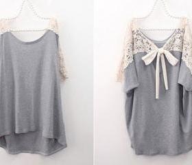 Grey Loose Casual T-shitr Batwing Sleeves Boat Neck